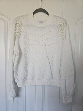 White Pearl-Embellished Knit Sweater Size Medium